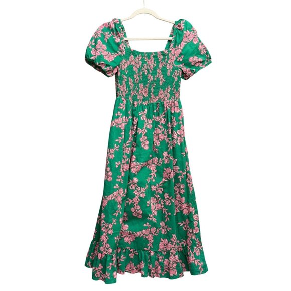 J. Crew Floral Smocked Puff Sleeves Midi Sundress XXS Green Pink Bohemian - Picture 2 of 9